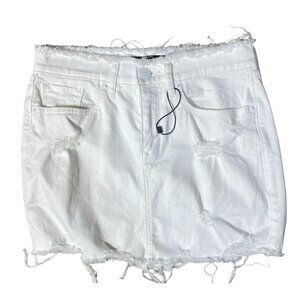 New Express Women's White Denim Mini Skirt Raw Hem Stretch Size 0